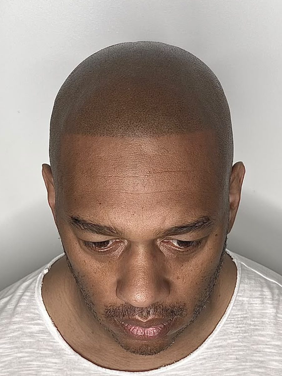 Man with full shaved-look hairline after SMP at Birmingham clinic